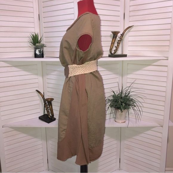 Vintage 70s hippie boho brown dark beige mini dress Sz L - Picture 4 of 8